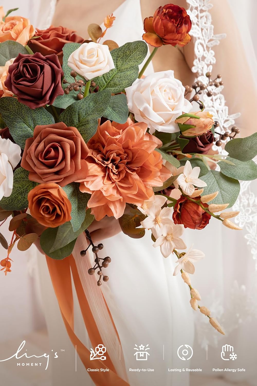 Ling's moment Terracotta Wedding Bouquets for Bride, Burnt Orange Bridal Bouquets for Bride, 15 Inch Free Form Artificial Wedding Flower Bouquet