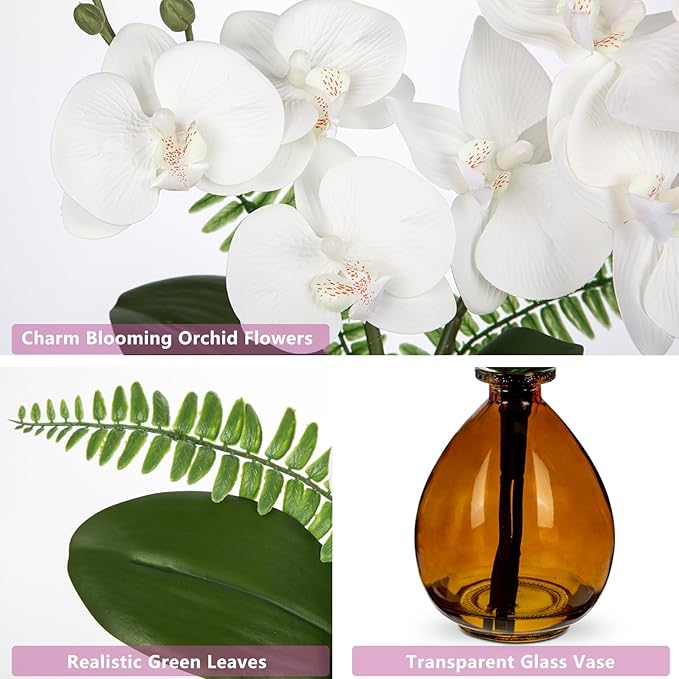 White Orchids Artificial Flowers, Faux Orchid in Glass Vase Real Touch Small Phalaenopsis Orchid Flowers Arrangements with Amber Vase Orchid Centerpiece for Dining Room Table