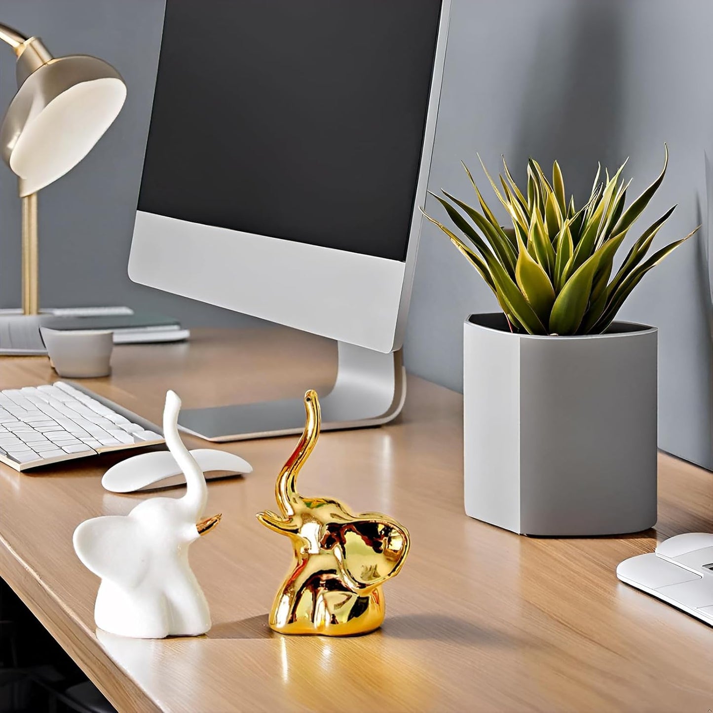 Home Decor Elephant Statues,1 Pair, Small Decorative Accents for Shelves, Livingroom and Bedroom, Gold and White