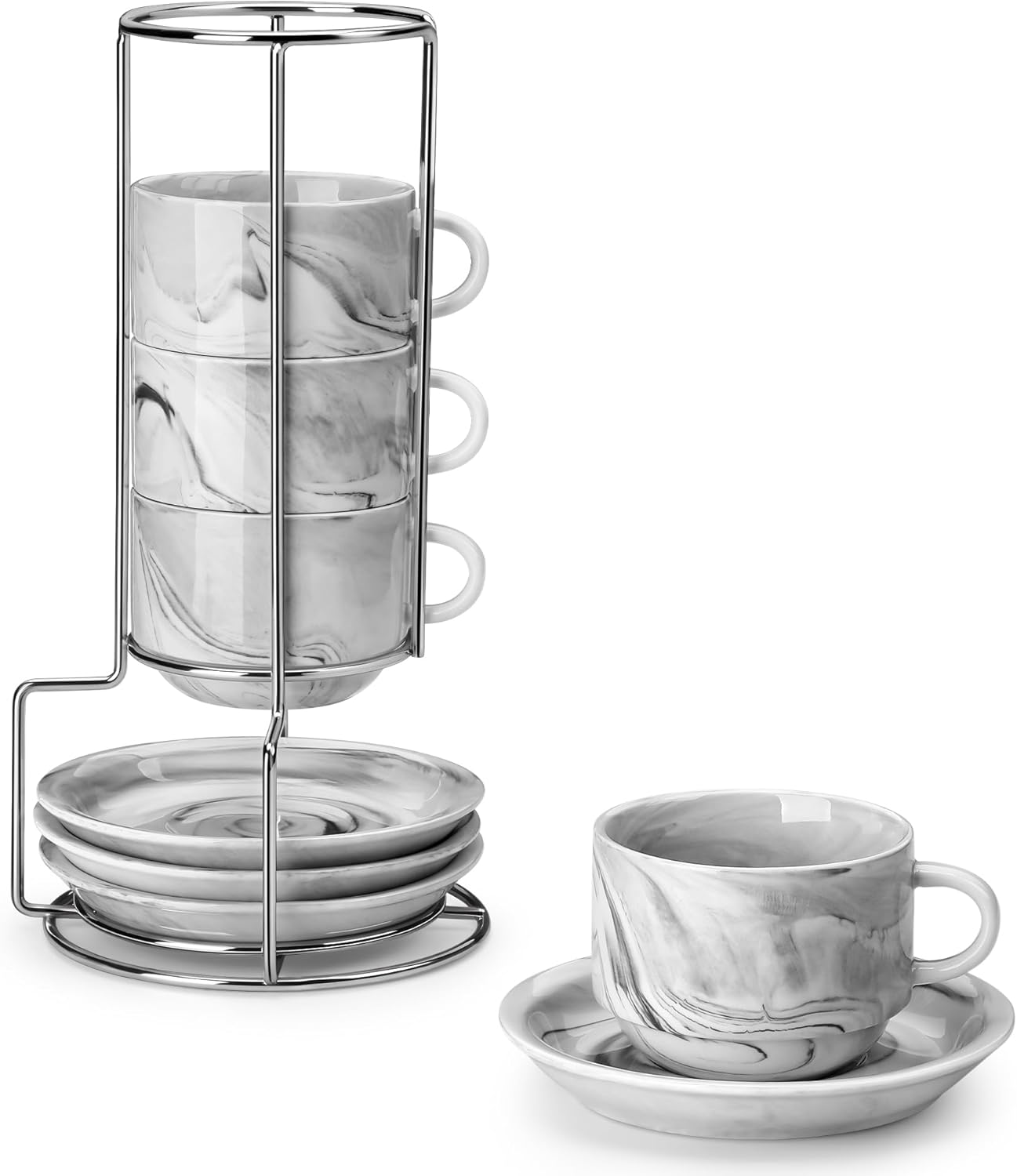 MALACASA 8 OZ Porcelain Espresso Cups with Saucers and Metal Stand Set of 4, Stackable Cappuccino Cups, Marble Gray Expresso Shots Cup Set for Coffee Drinks, Latte, Tea