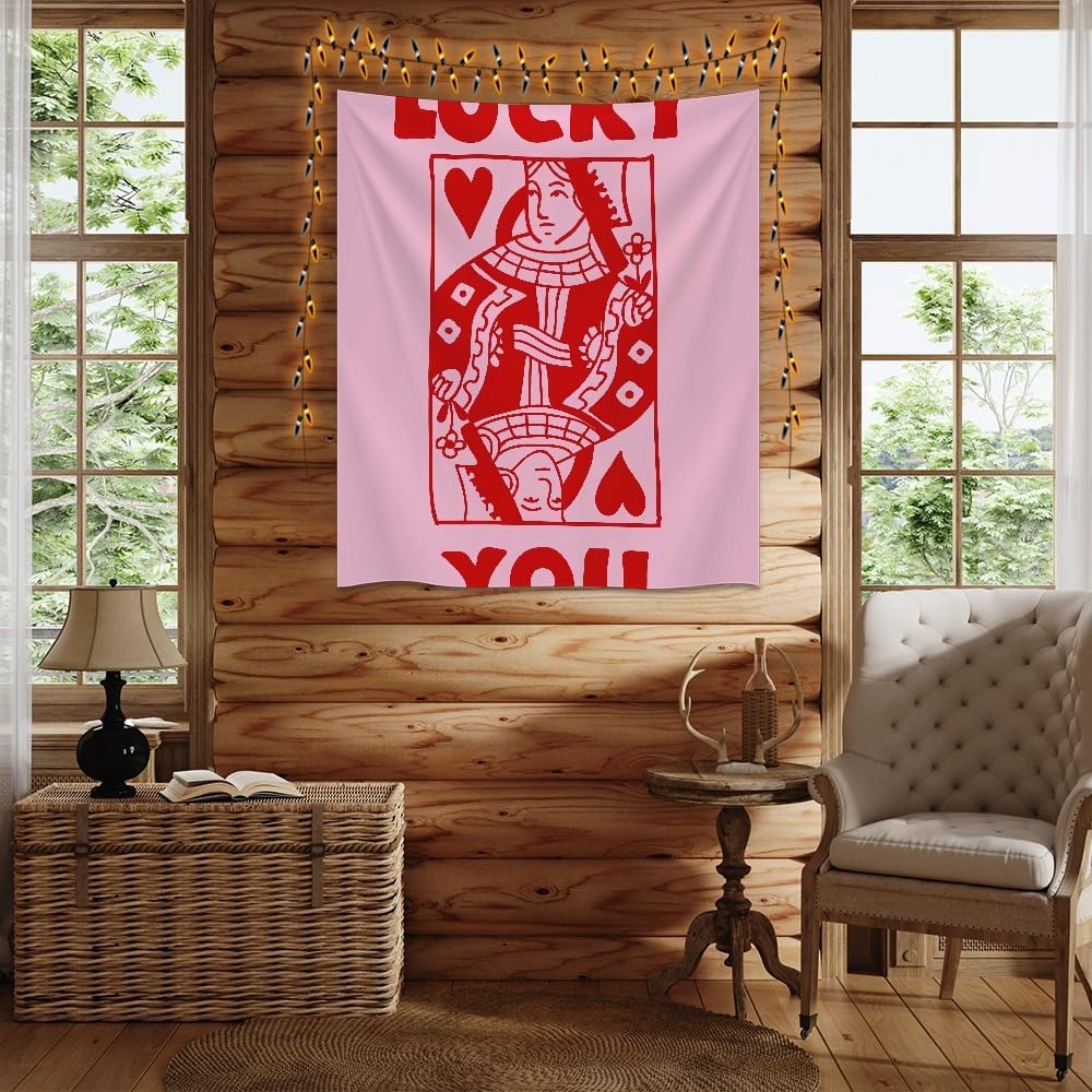 Medpol Retro Lucky You Playing Card Tapestry, Pink Queen of Hearts Wall Hanging, Funky Poker Aesthetic Decor for College Dorm Bedroom Living Room 60x90inch