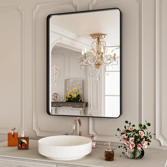 Black Bathroom Vanity Mirror 28x36 Inch,Rounded Rectangle Matte Black Mirror for Bathroom Wall,Tempered Glass,Horizontal or Vertical