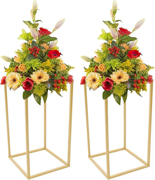Metal Flower Stand for Wedding Centerpieces - Rectangular Geometric Gold Vase Stands for Home Party Event (2 Pcs, 15.74 inch)