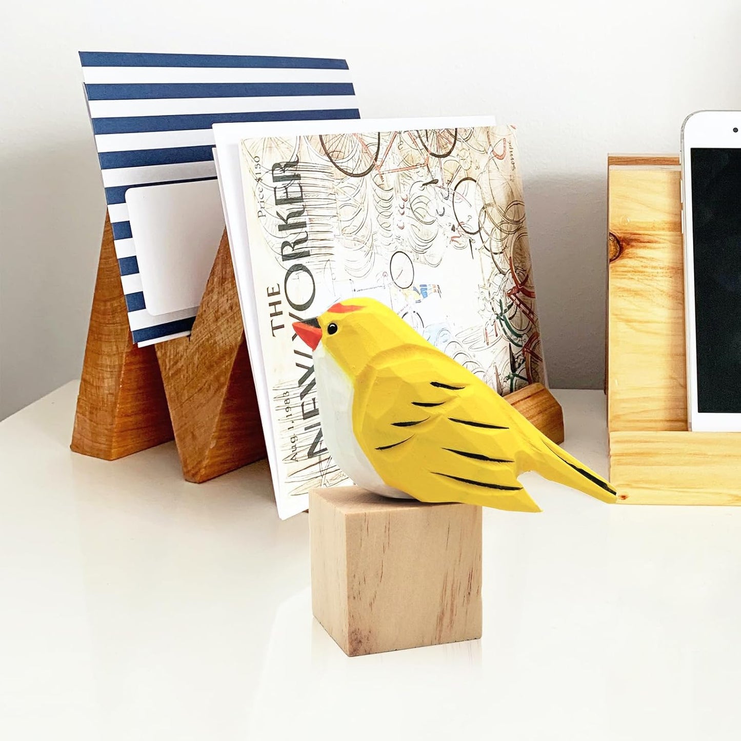 DIYOMR Bird Figurine, Hand Carved Birds Wood Décor, Art Animal Wooden Sculpted Bird with Wood Block, Vivid Bird Statue for Gift Home Table Ornament Decor (Yellow Bird)