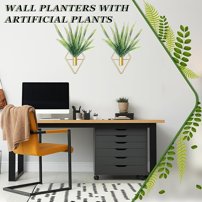 2 Pieces Gold Wall Decor Hanging Planters with Artificial Plants Metal Vase Indoor Plants Holder Modern Geometric Wall Art for Home Bathroom Bedroom Living Room Office(Boston Fern,Large)