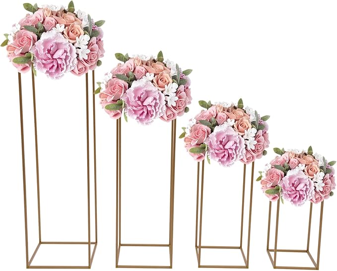 4 Pcs Metal Flower Stand for Wedding Centerpieces Stand Column Vases Wedding Flower Stand Rectangular Geometric Gold Centerpieces Stands for Wedding Decorations Home Party Event (4Pcs)