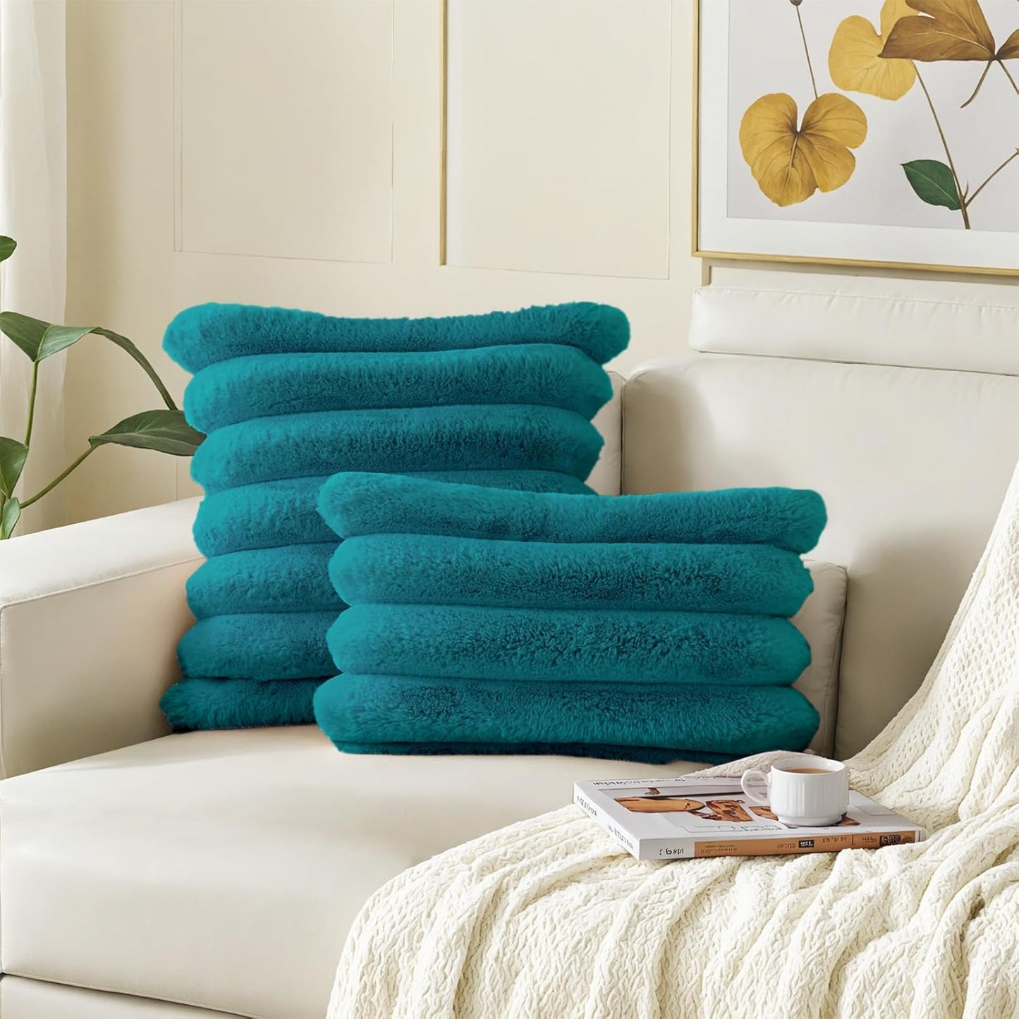 HAUSSY Faux Fur Throw Pillow Covers 20x20 Inch Set of 2,Decorative Striped Neutral Pillow Cases Soft Plush Couch Pillow Covers,Home Decor for Sofa,Bed, Living Room,Teal