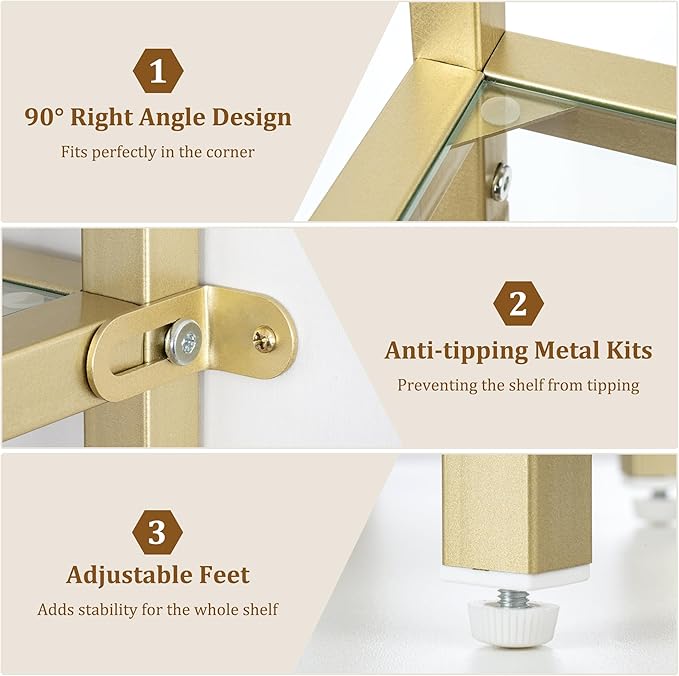 5-Tier Corner Shelf Stand, Gold Corner Bookshelf, Bathroom Storage Rack Shelf, Plant Rack, Tempered Glass, Steel Frame, Modern Style for Living Room, Bathroom, Kitchen, Metallic Gold