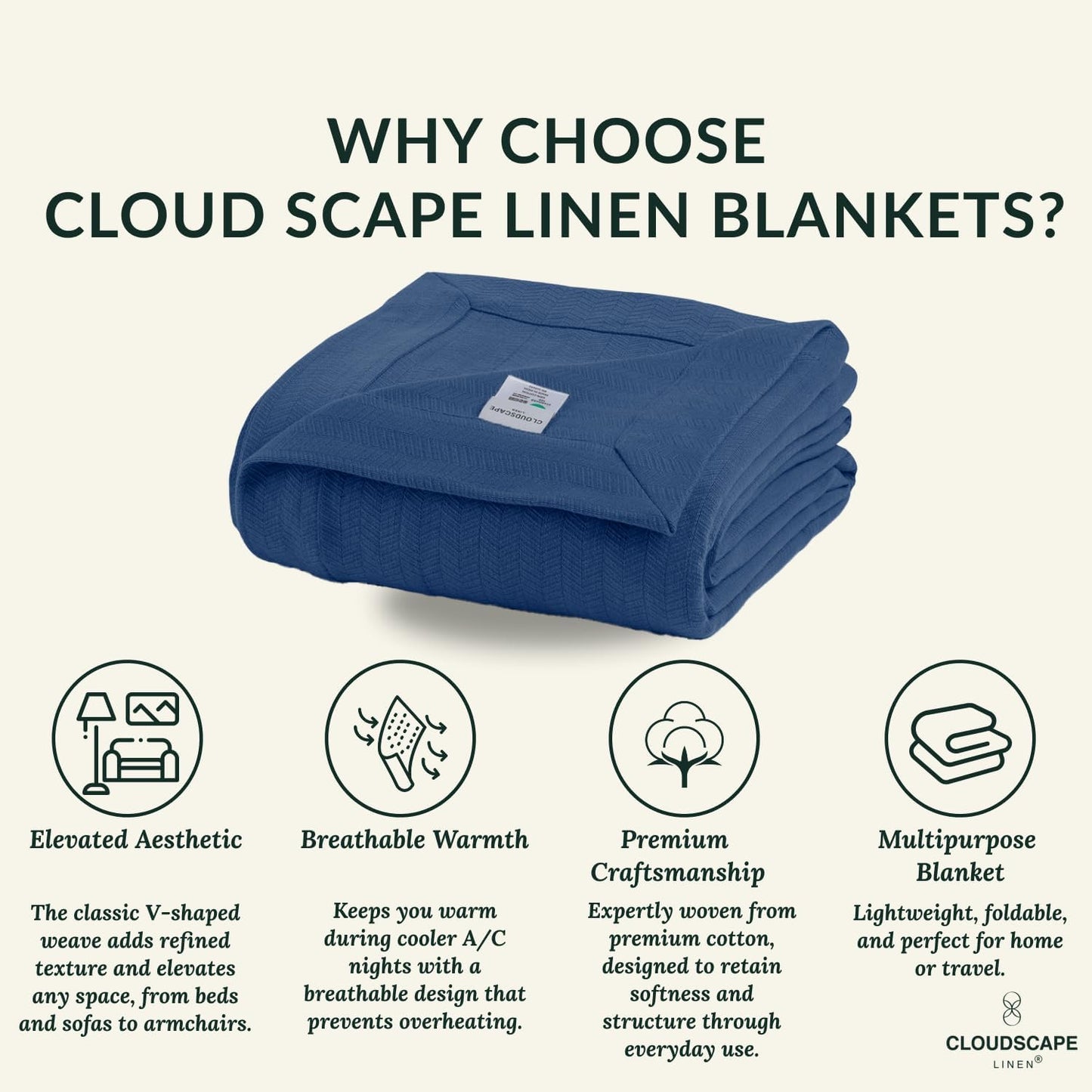 Cloud Scape Linen 100% Cotton Blanket King Size for Bed – Lightweight All Season Blanket, Herringbone Weave, for Women, Mom, Men, fits California King, 92x108, Ensign Blue