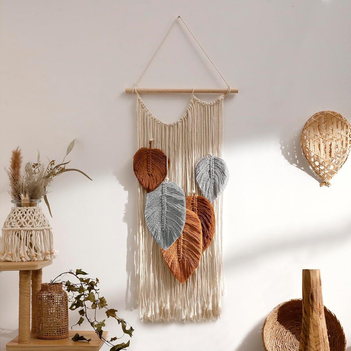 Macrame Leaves Tapestry Wall Decor- Bohemian Woven Tapestries Fall Leaves Wall Art, Large Boho Tassels Hanging Ornament Western Room Decor for Bedroom Living Room Dorm