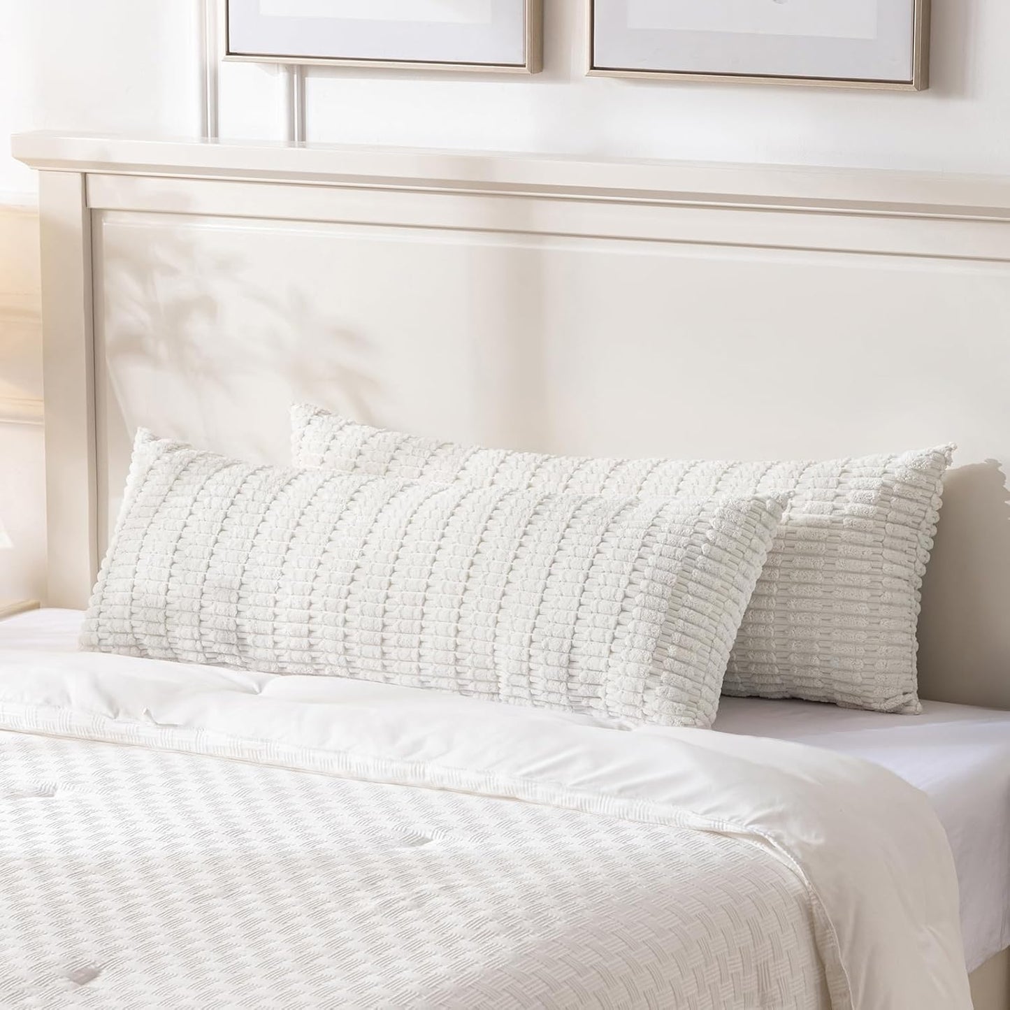 Fancy Homi Cream Boho Long Body Lumbar Decorative Throw Pillow Cover 20x54 Inch for Bed Couch Bedroom Bench, Soft Corduroy Rectangle Solid Pillow Case 50x137 cm, Rustic Farmhouse Room Decor