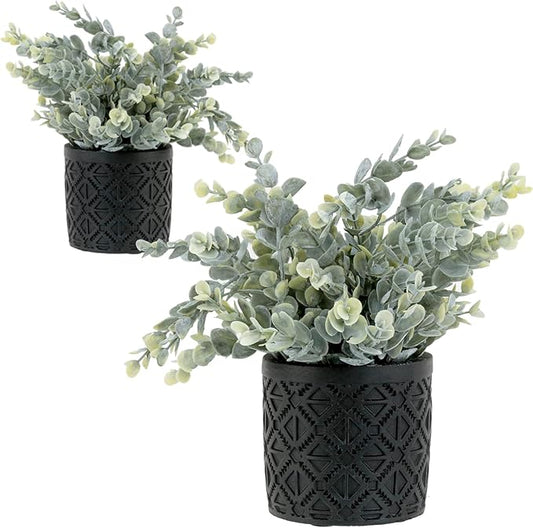 MyGift Artificial Eucalyptus Plant in Modern Gray Concrete Pots with Geometric Embossed Pattern (2, Black)