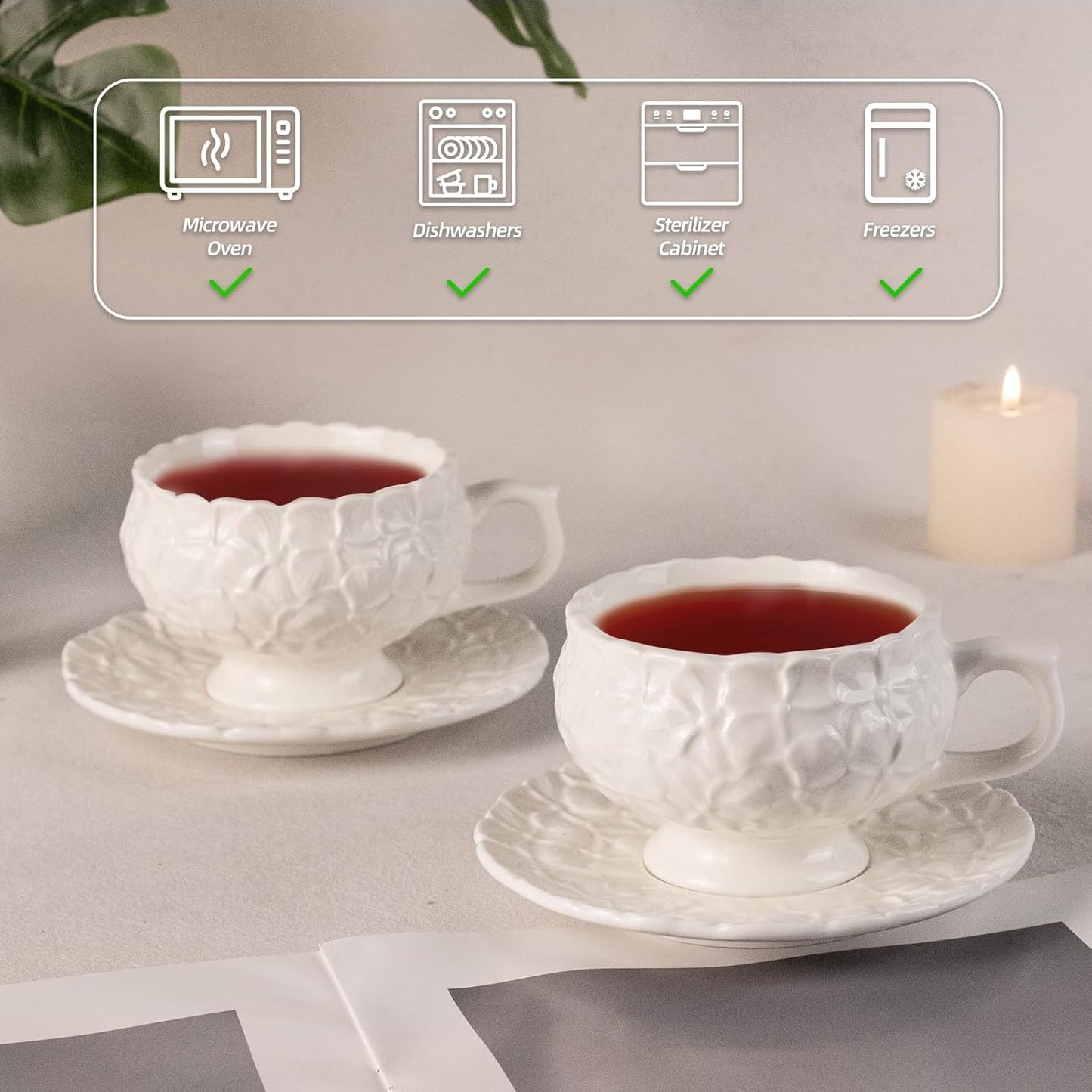 KAMMAK Tea Cups and Saucers Set of 2, Porcelain Coffee Cups, 8.5-Ounce Stackable Espresso Mugs, Ceramic Demitasse for Coffee, Latte, Americano, Tea, White Flower