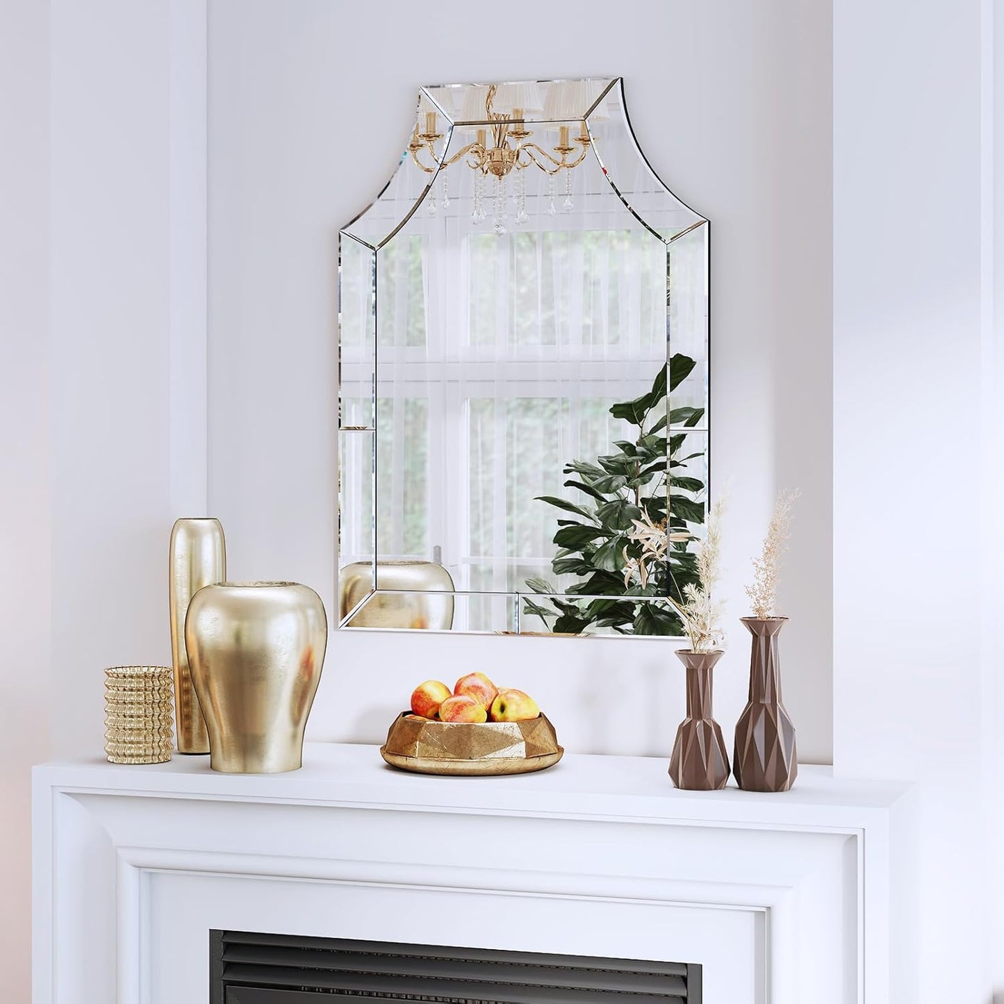 Decorative Mirror for Living Room, 27.6'' X 39.4'' Large Scalloped Mirrors with Glass Pieces and Elegant Beveled Edges, Modern Bathroom Mirror Hang Vertically