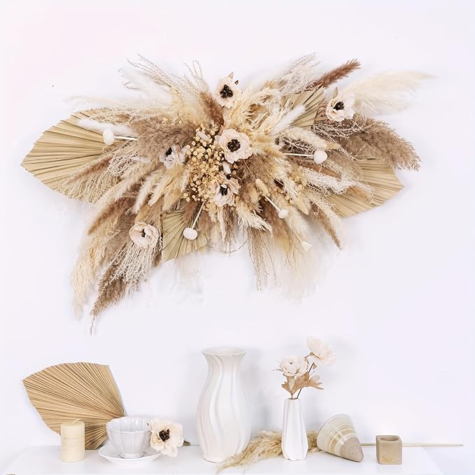 1pc DIY Modern Minimalist Pampas Grass Wall Decor – 35 Inch Natural Beige and Brown Reed Grass Arrangement for Bedroom, Office, and Gallery Walls(Ivory Cascade Wreath)