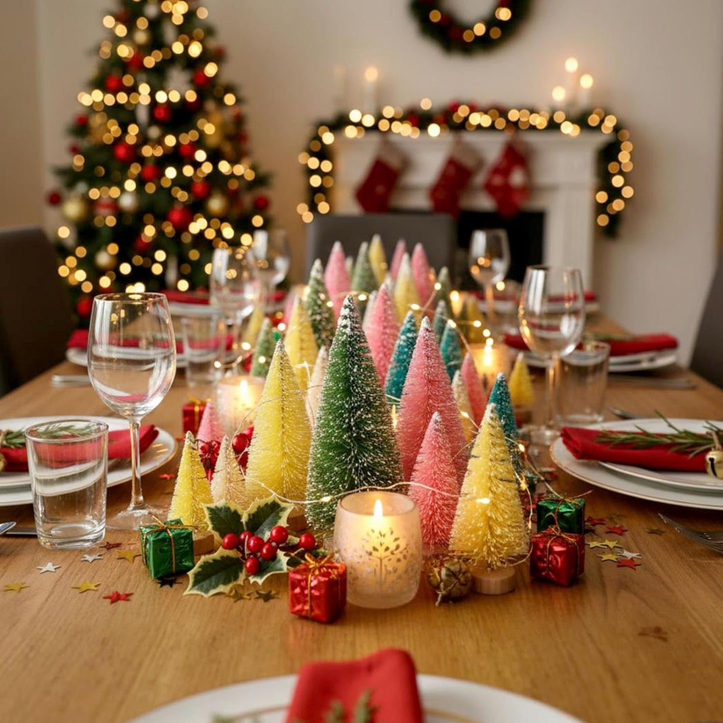 LOVEINUSA 40PCS Colorful Mini Christmas Trees, Snow Frosted Sisal Trees Colored Bottle Brush Xmas Trees with Wooden Base for Xmas Winter Home Table Decoration