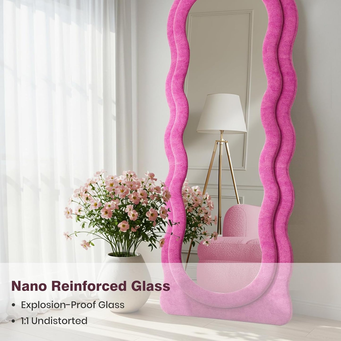 Full Length Mirror 63"x24" Arched Wavy Full Body Wall Mounted Floor Mirror with Stand Hot Pink Flannel Frame Leaning Hanging Wall Mirror for Bedroom Entrance
