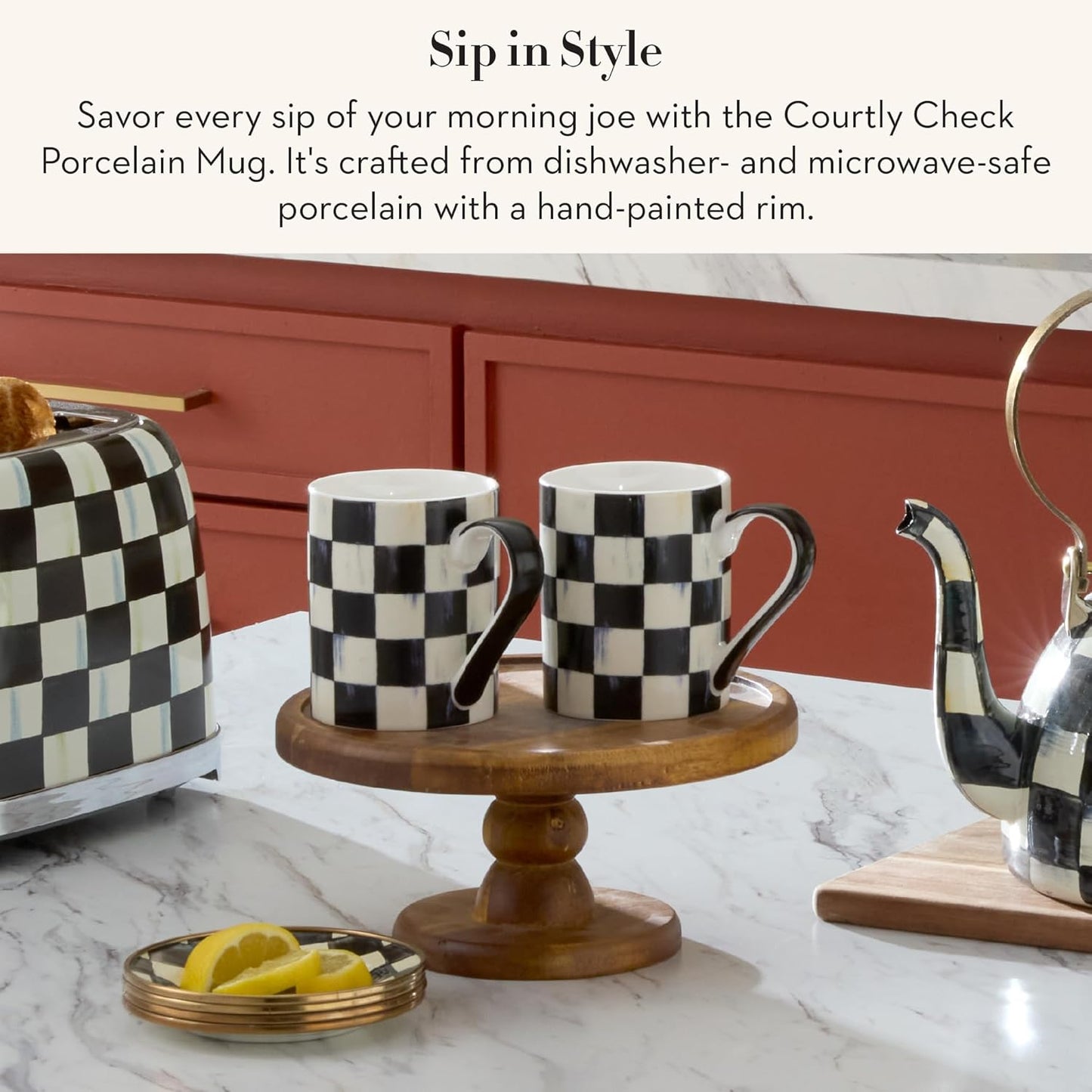 MACKENZIE-CHILDS Porcelain Mug, Tea and Coffee Mug, Black-and-White Courtly Check