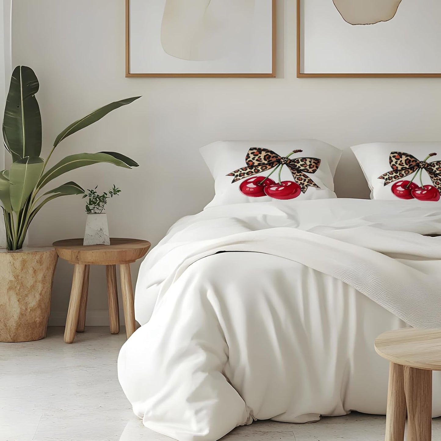 Coquette Leopard Bow Cherry Pillow Covers 18x18, Coquette Cheetah Print Room Decor, Preppy Girly Trendy Leopard Ribbon Cherry Decorative Throw Pillow Covers for Girls Dorm Apartment