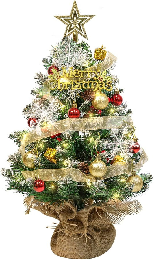 Tabletop Mini Artificial Christmas Tree with LED Lights, Star Topper, and Hanging Ornaments - 24 Inch Small Christmas Tree for Holiday DIY Decorations