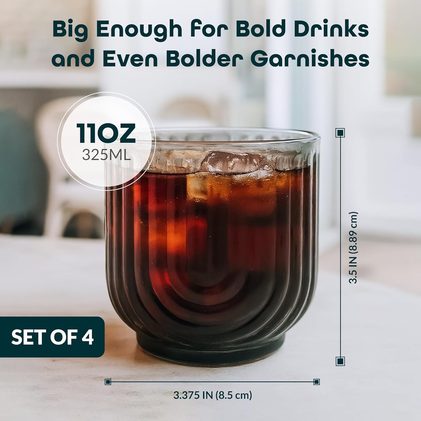 Glaver's Vintage Glassware Art Deco Glasse Ribbed Drinking Glasses U-Shape Arch Design Colored Cocktail Kitchen Tumblers Everyday Dinner Decorative Party, (Smoke S/4 11oz)