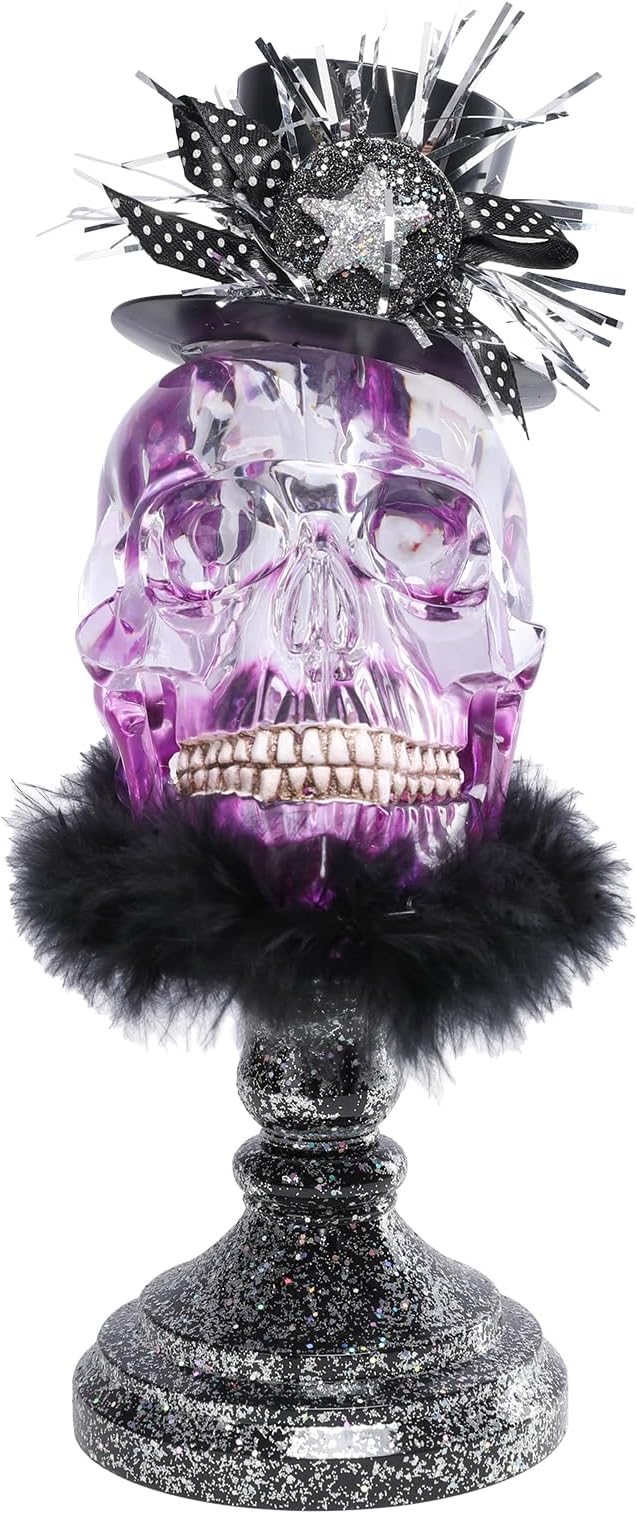 VCUTEKA Halloween Skull Head Light Indoor Decoration Skull Statue Halloween Sculptures with Magic Hat for Party Horror Decoration Holiday Decor Figurines Gift