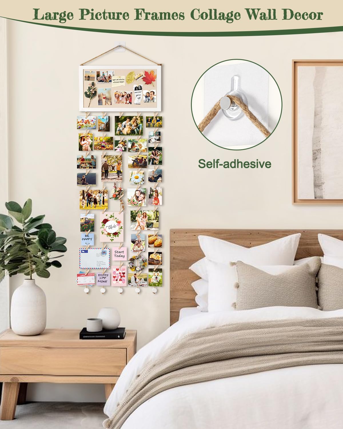 Bikoney Large Collage Picture Frame with Bulletin Board, Hanging Photo Display for Multiple Pictures, Wall Photo Organizer with 30 Clips & 6 Pushpins, Self Adhesive Hooks – No Drill Wood Photo Board for Room Decor