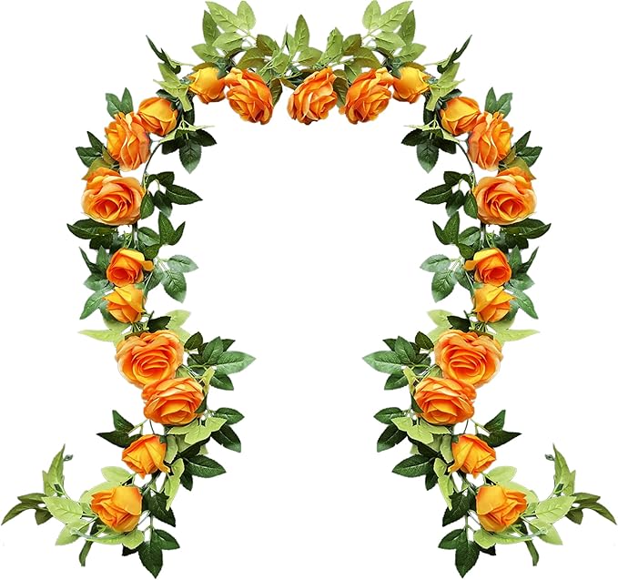 UKELER 2 Pack Artificial Flower Garland Rose Floral Vines Artificial Flowers Hanging Rose Flower Plants for Garden Craft Home Decor, Orange