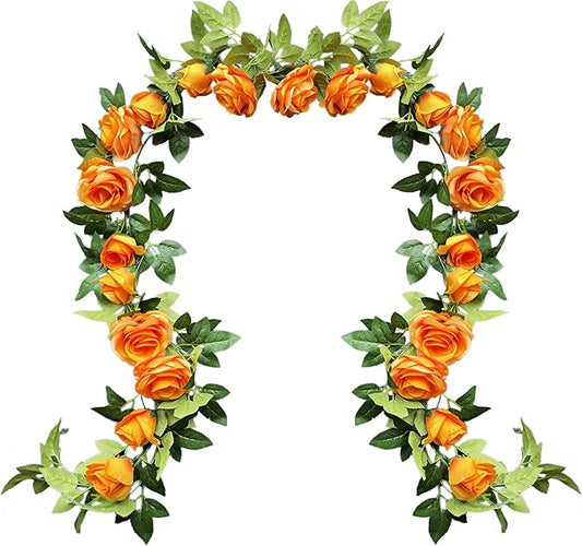 UKELER 2 Pack Artificial Flower Garland Rose Floral Vines Artificial Flowers Hanging Rose Flower Plants for Garden Craft Home Decor, Orange