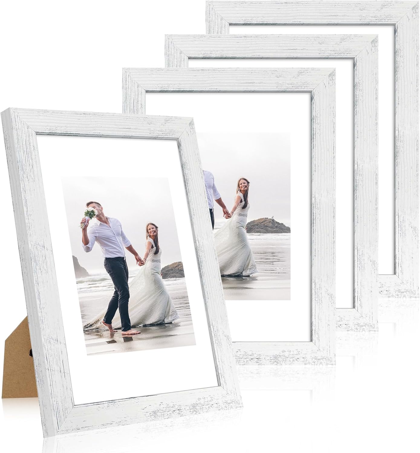 iRahmen 8x12 Picture Frame Set of 4 with High Definition Glass, Distressed White Frame Display 6x8 Picture with Mat or 8 x 12 Without Mat, Wood Rustic Photo Frames for Tabletop and Wall Mounting