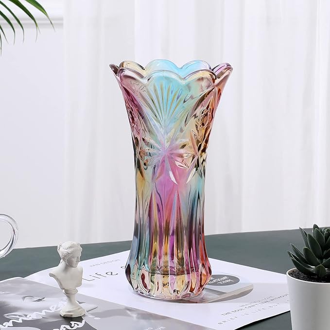 Glass Colorful Vase,Glass Flower Vase Decor for Home Dining Table Living Room,Office Wedding Holiday Party,Handmade Pattern