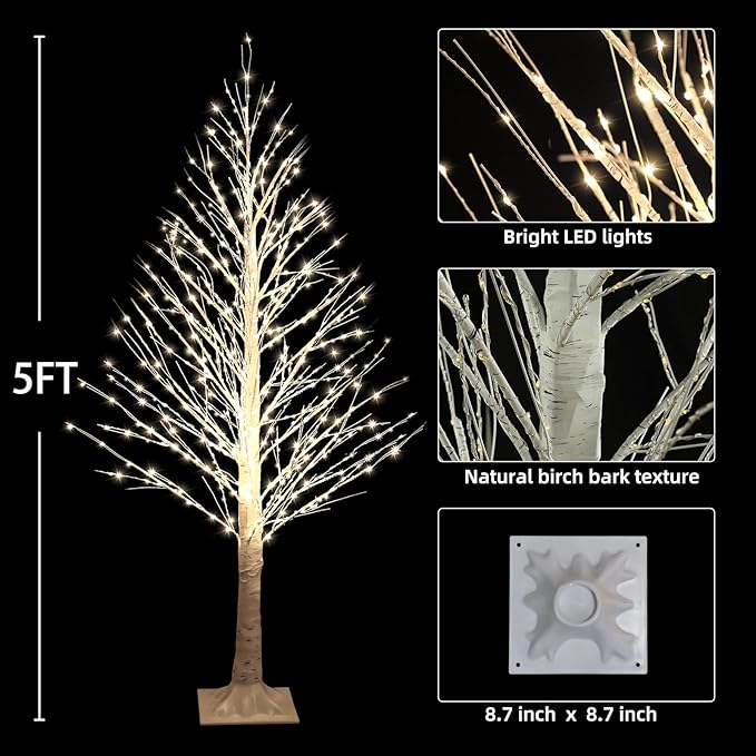 5FT Lighted Birch Tree with Twinkle Lights, 560 LED Warm White Lights with Timer, LED Lighted Christmas Tree for Indoor Outdoor Home Room Wedding Party Christmas Decorations