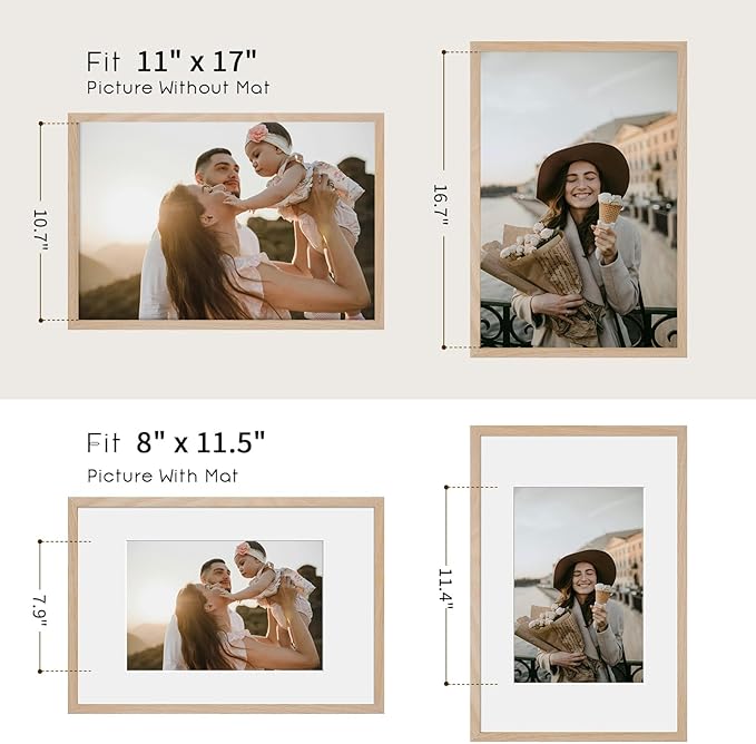 11x17 Oak Wood Picture Frame - Minimalist 11x17 Poster Frame, 11"x17" Frame Wood, Natural Solid Wooden Picture Frames for Wall Art Photo and Prints(3 Pack, Beige)