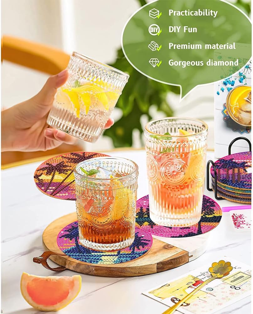 Clendo 8Pcs Diamond Painting Coasters Kits, DIY Landscape Diamond Art Coaster Kits with Holder, Small Diamond Painting Kits for Adults & Kids Art Craft Supplies