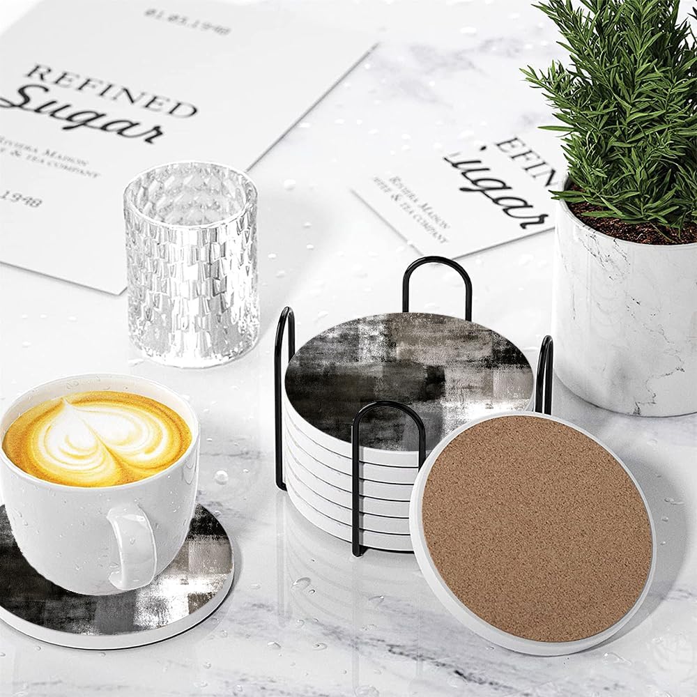 LOKMU Coasters for Drinks,Round Absorbent Ceramic Stone Coaster Sets of 6 with Metal Holder Stand,Black and Grey Abstract Art Coasters with Cork Base for Coffee Wooden Table,Housewarming Gifts
