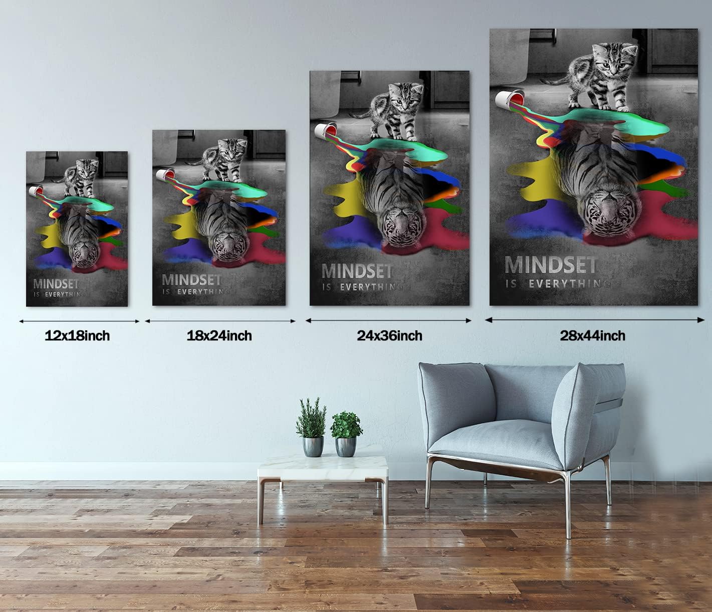 Framed Wall Decor Cute Animals Cat and Tiger Pictures with Inspirational Quotes Mindset Is Everything Motivational Posters Artwork Contemporary Home Decor Large Panel Ready to Hang-28 Wx44 H