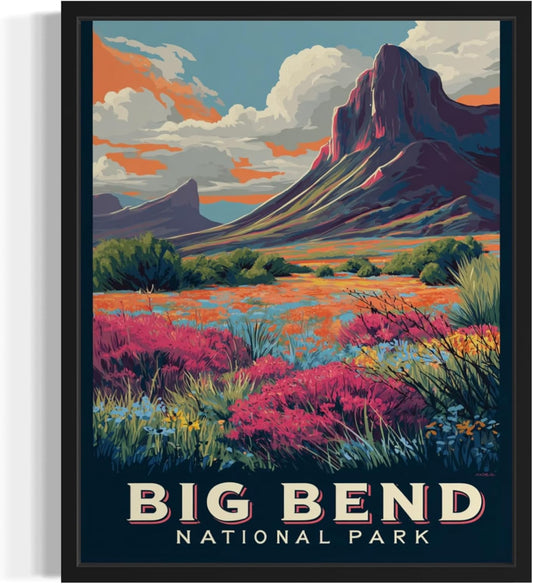 Big Bend National Park Art Print Poster, Vintage Retro Pop Art Travel Wall Art Bedroom Bathroom Living Room Decor 185 (Big Bend, 24 x 36 inches, Black Frame)