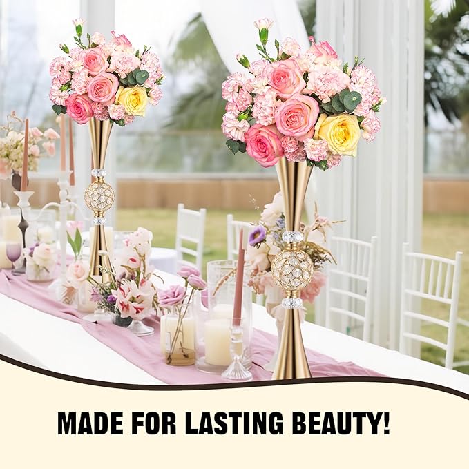VIJIV Gold Tall Crystal Flower Vases for Centerpiece - 28'' Large Trumpet Vase for Bouquet Skinny Decorative, Table/Floor Vase Flower Stand for Party Event, Dining Table Décor, Bridal Shower, Wedding