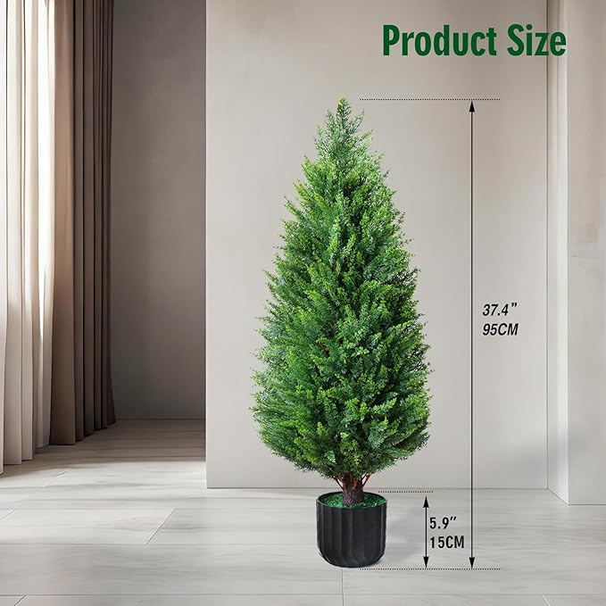 3FT Artificial Topiary Cedar Trees 2 Pack, Lush Thick Greenery UV Rated Artificial Plants for Outdoor Planters Decor, Realistic Fake Trees Indoor Garden