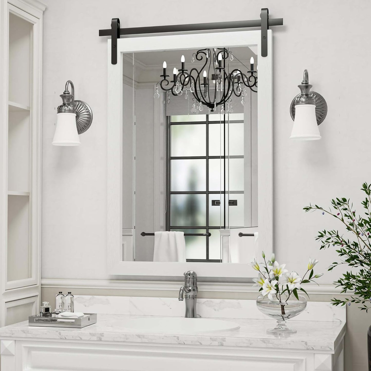 Farmhouse Bathroom Mirror, White Rustic Square Mirror for Wall Wood Framed Vanity Mirrors, Barn Door Style Decor Living Room Entryway Bedroom Mirrors, 24x36INCH (Hanging/Leaning)