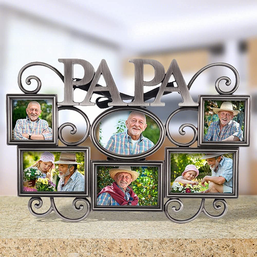 LASODY Papa Picture Frame,Cherish Every Memory,6 opening photo collage,Antique Silver,Father Day GiftsLasody Fathers Day And Mothers Day Collage Picture Frame (3”X2“+2“x2", Papa)