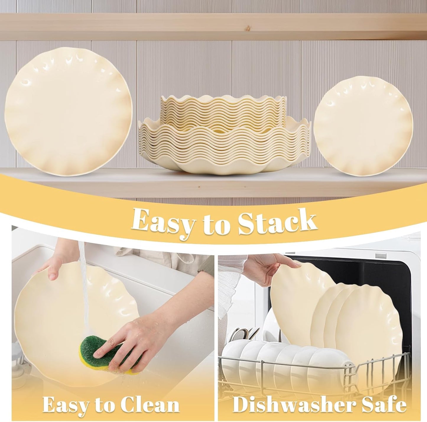 LIYH 50 Pcs Beige Plastic Plates Reusable Unbreakable Dinner Plates Scalloped Plastic Plates Dishwasher Safe Ivory Plate Sets Perfect for Parties Birthday Picnics BPA Free (25Guests)