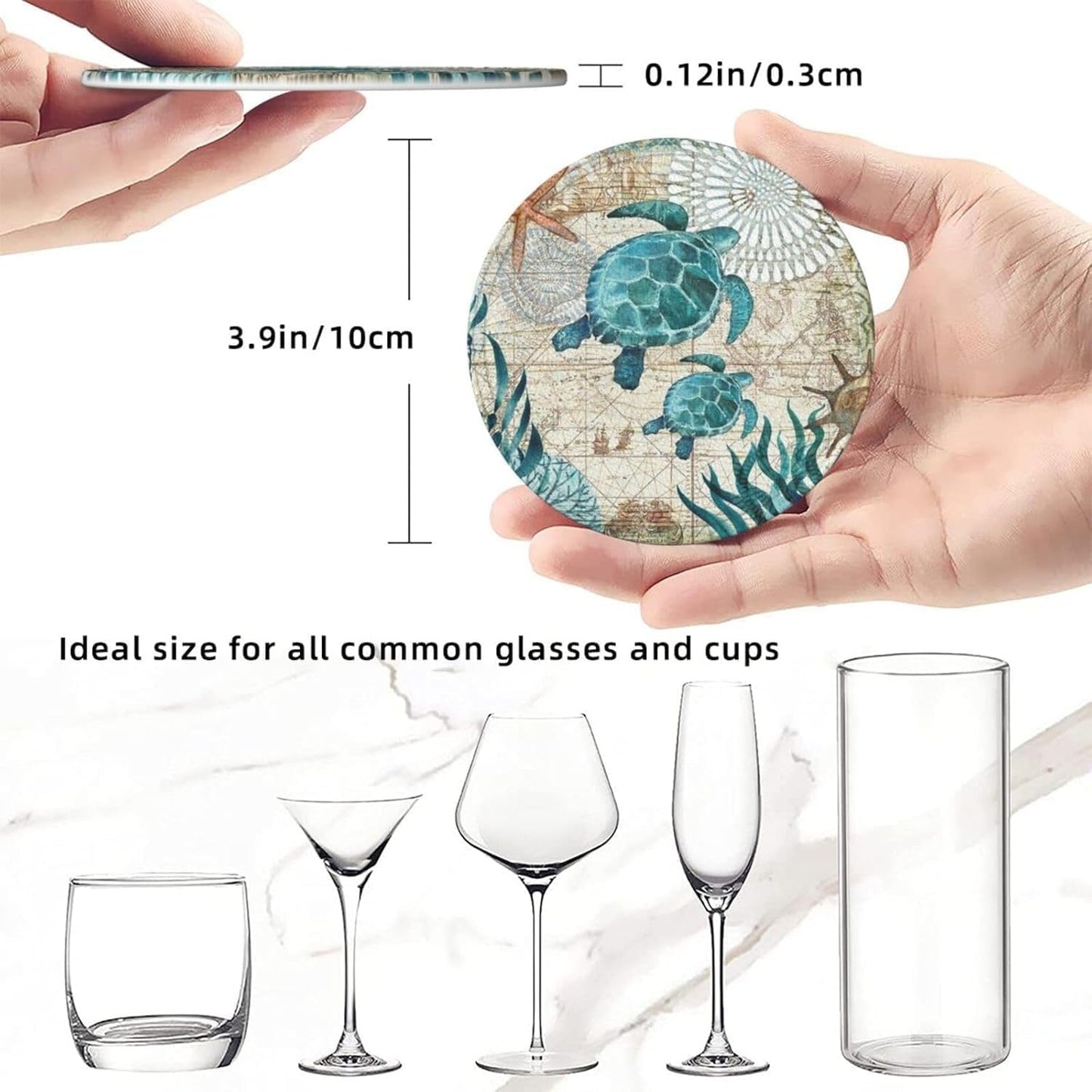 Drink Coasters with Holder Stand Set of 6, Sea Turtle Pu Leather Absorbent Coasters with Cork Base Table Coaster Round Coasters for Housewarming Apartment Kitchen Bar Decor