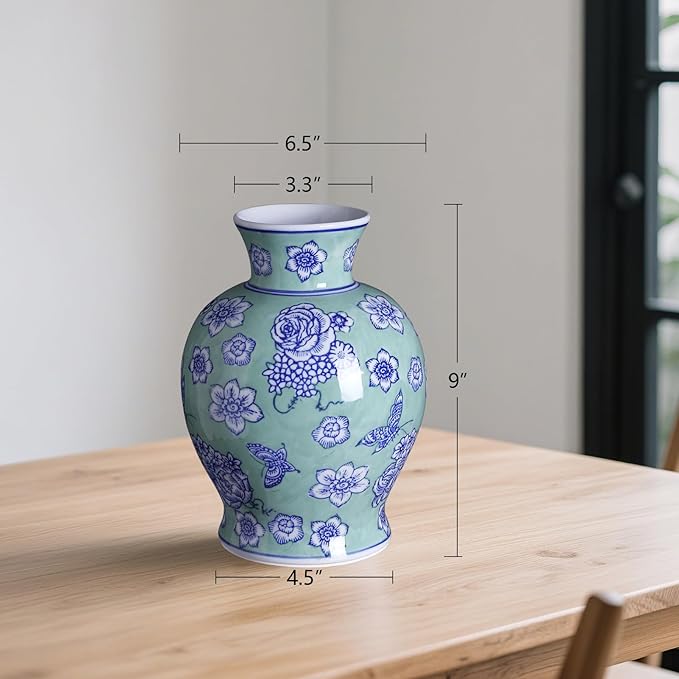 Vintage Chinoiserie Floral Ceramic Vase, Large Rustic Pottery Vases for Living Room, Entryway, Dining Table Centerpiece, Farmhouse Home Décor, Floor or Tabletop Flower Vase, (Green)