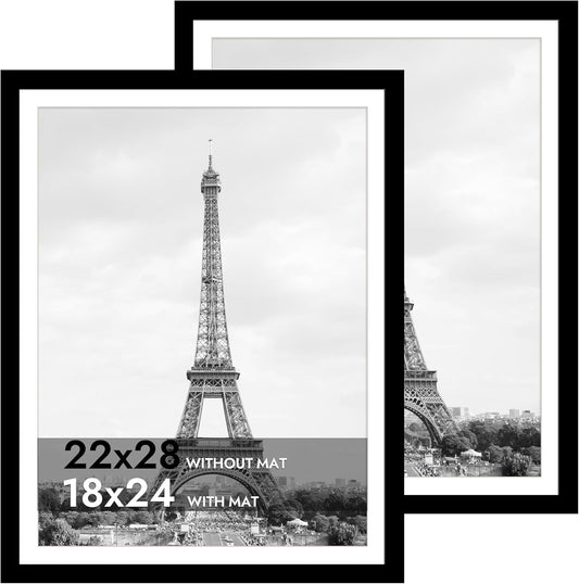 iRahmen 22x28 Poster Frame Set of 2 with Plexiglass, Black Wood Picture Frames for Wall Mounting Display Picture 18x24 with Mat or 22 x 28 Without Mat