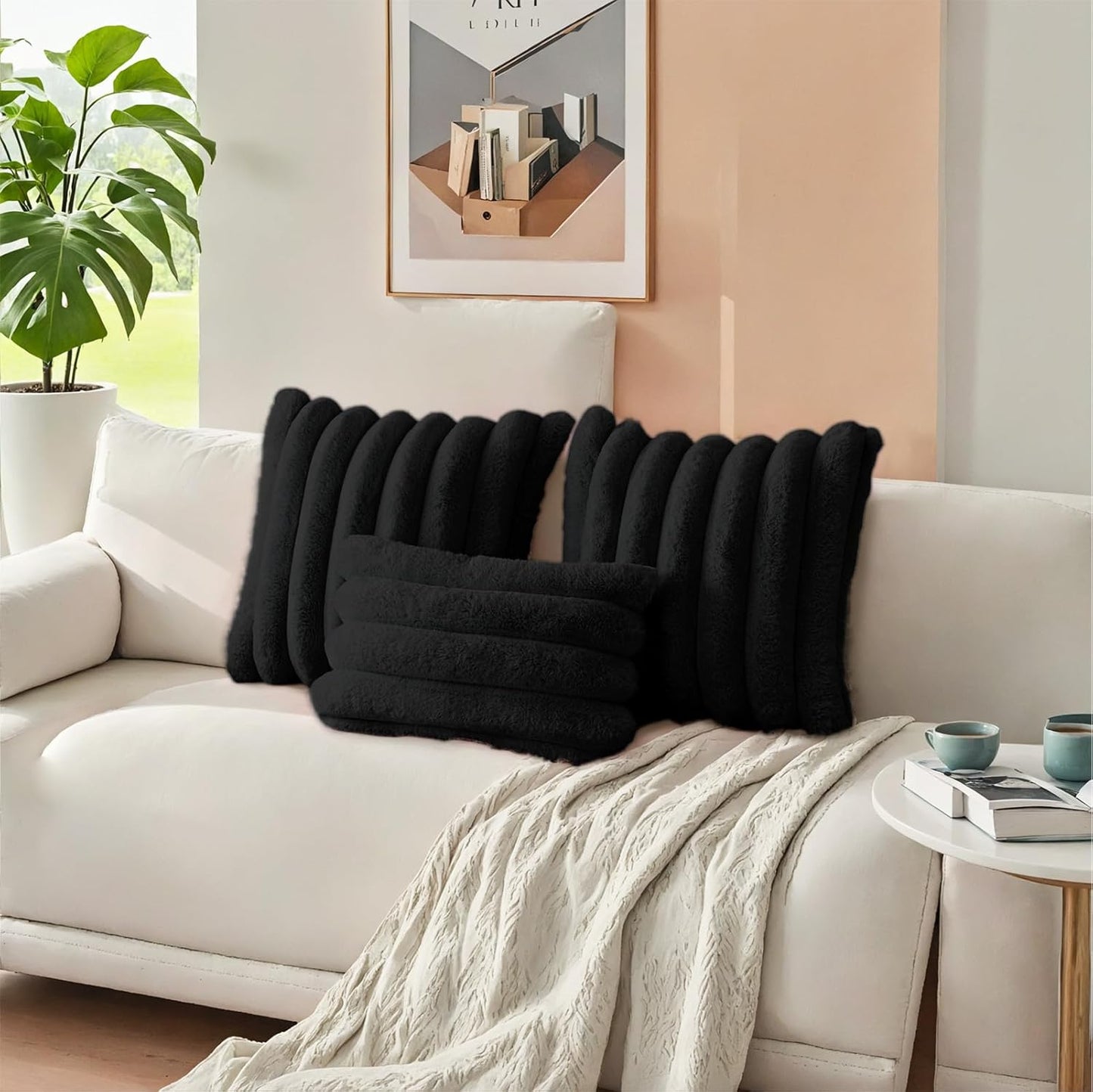 HAUSSY Faux Fur Throw Pillow Covers 24x24 Inch Set of 2,Decorative Striped Neutral Pillow Cases Soft Plush Couch Pillow Covers,Home Decor for Sofa,Bed, Living Room,Black