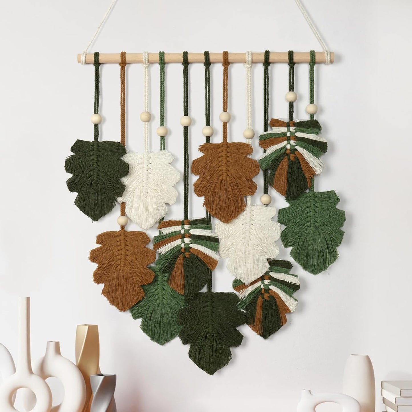 KHOYIME Macrame Wall Hanging Boho Home Decor, Bohemian Leaves Woven Yarn Tapestry Chic Aesthetic Wall Art Modern Handmade Leaf Hanging Decoration for Bedroom Living Room Nursery Office 15.7''W x 20''L