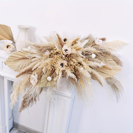1pc DIY Modern Minimalist Pampas Grass Wall Decor – 35 Inch Natural Beige and Brown Reed Grass Arrangement for Bedroom, Office, and Gallery Walls(Ivory Cascade Wreath)