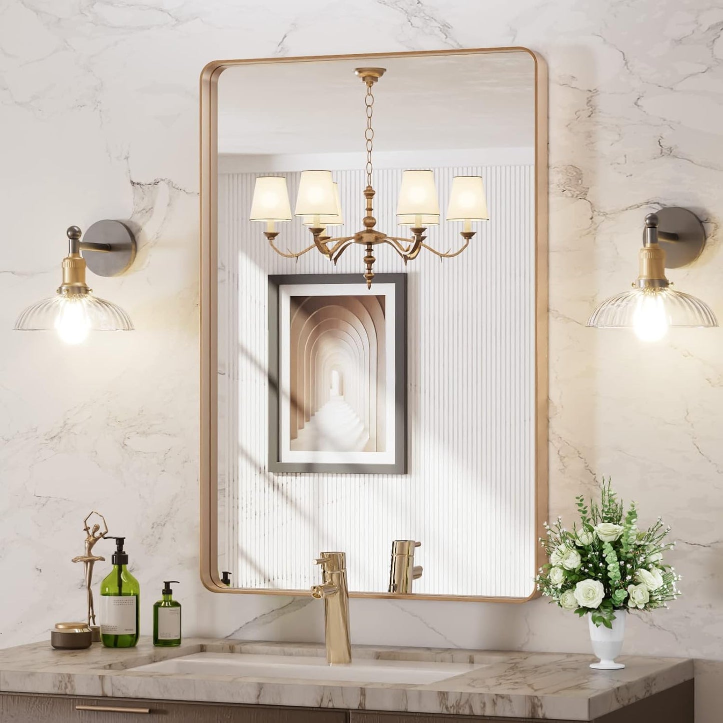 LOAAO 24”X36” Gold Bathroom Mirror, Rounded Rectangle Gold Frame Mirror, Brushed Gold Bathroom Vanity Mirror Wall-Mounted, Anti-Rust, Hangs Horizontally or Vertically