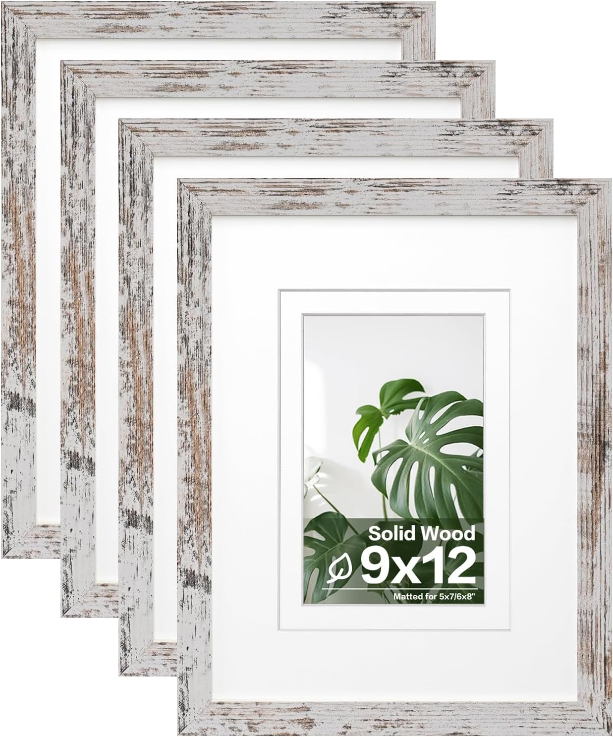 Egofine 9x12 Picture Frames Set of 4, Made of Solid Wood Covered by Plexiglass 5x7 and 6x8 with Mat or 9x12 without Mat, for Table Top Display and Wall Mounting Photo Frame Rustic Green